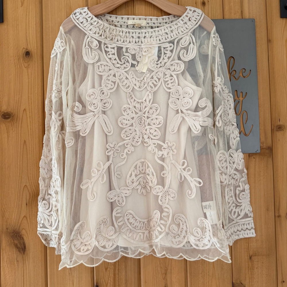 Adiva Lace Sheer Mesh Top in Ivory Cream Size Large
